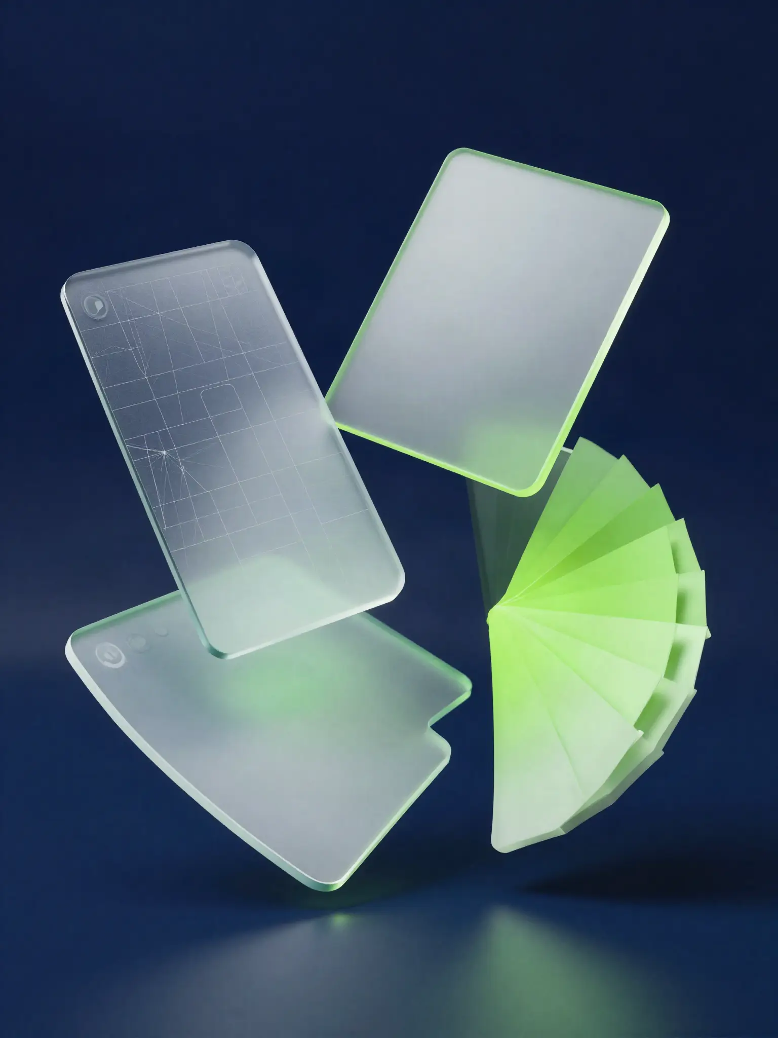 Floating frosted-glass interface panels and a lime colour-swatch fan on navy