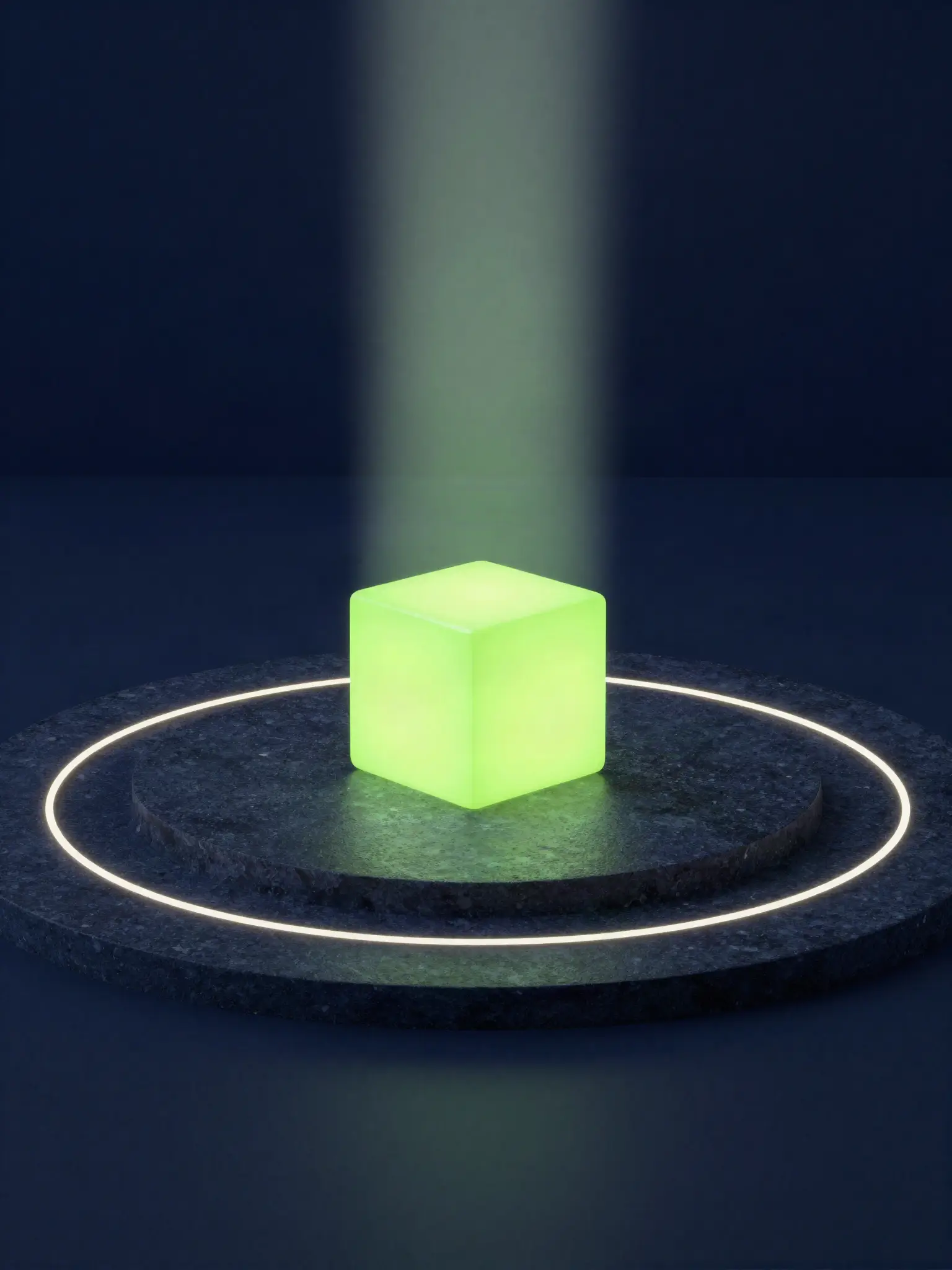 A glowing lime cube on a dark stone plinth under a beam of light