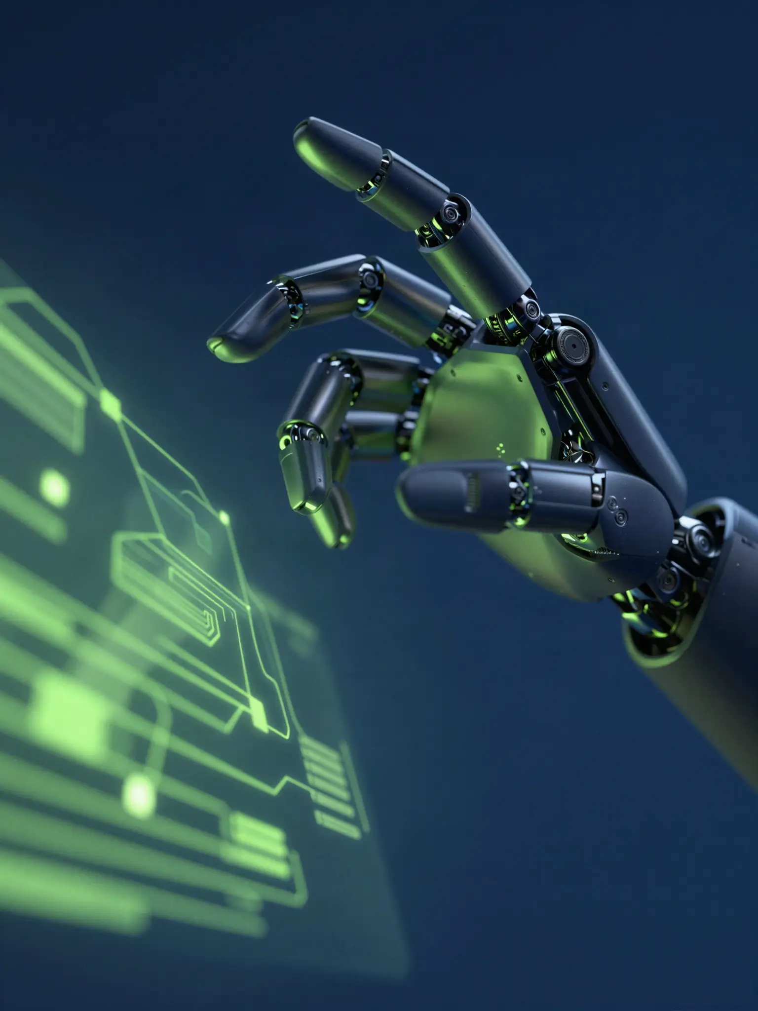 A sleek robotic hand reaching toward a glowing lime holographic interface